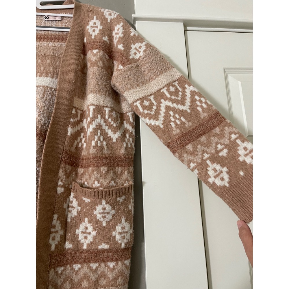 SO Goods For Life Womens Tan Geometric Fair Isle Open Front Cardigan Sweater M - Picture 9 of 9
